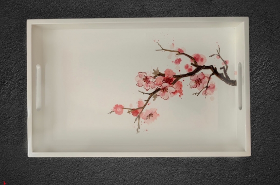 Rectangle white lacquer tray with hand painted peach blossom 25x40 cm